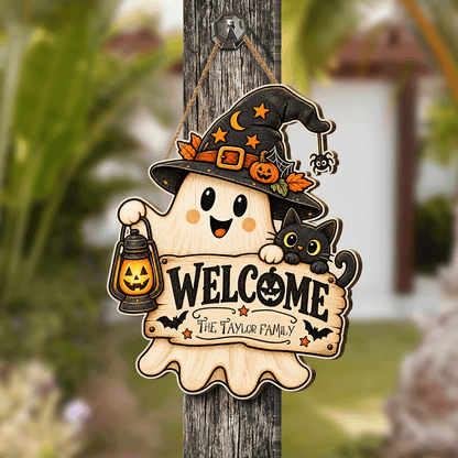 Personalized Halloween Cute Ghost Witch Black Cat Welcome Custom Shape Wood Sign Spooky Family Name Lantern Door Hanger Home Wall Decor