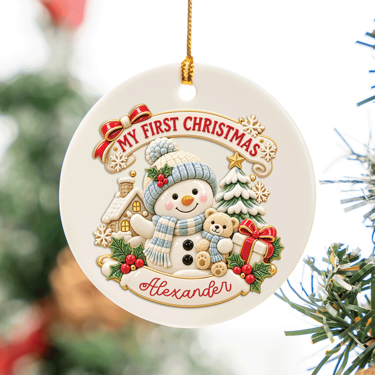Personalized Baby My First Christmas Snowman Ceramic Ornament, Custom Name Cute Snowman Teddy Bear Xmas Tree Hanging Decor Keepsake, New Baby Holiday Gift