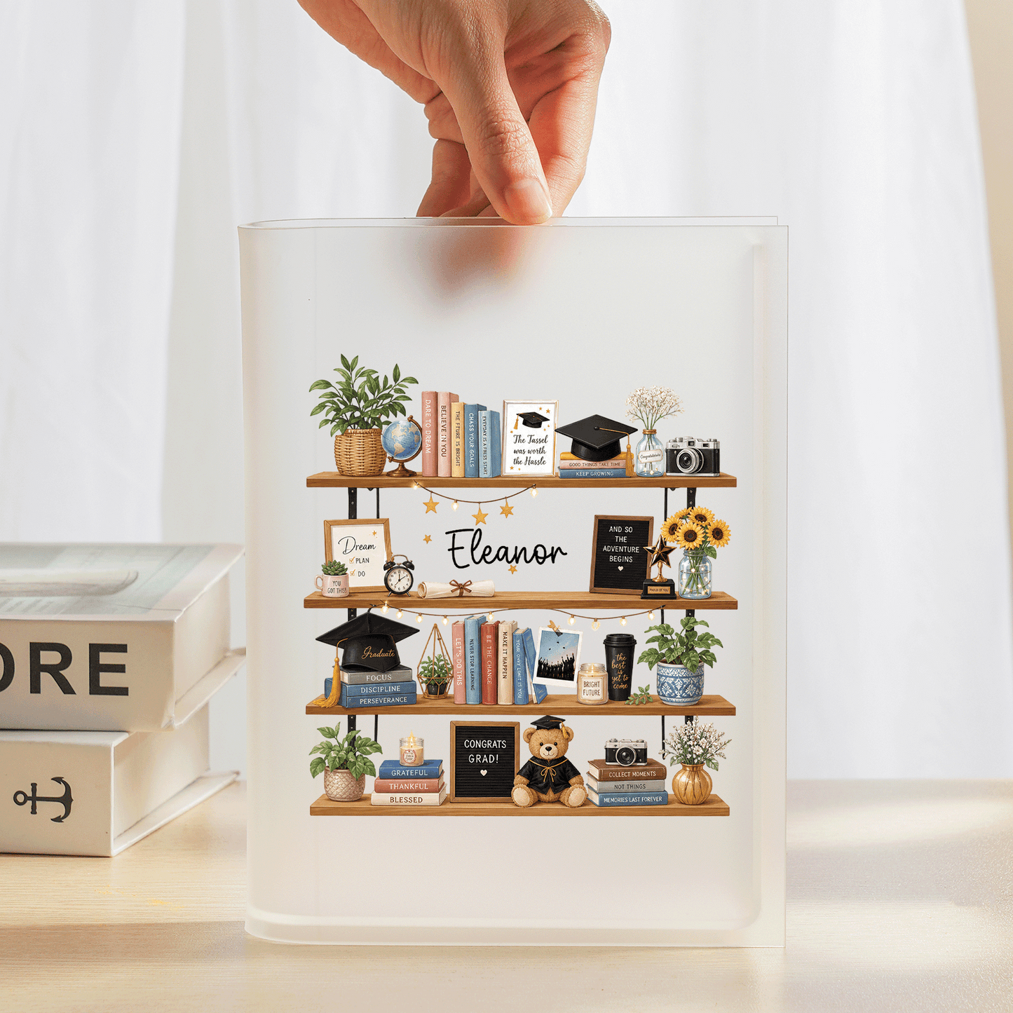 Personalized Graduation Bookshelf Acrylic Book Vase, Custom Name Graduation Flower Vase
