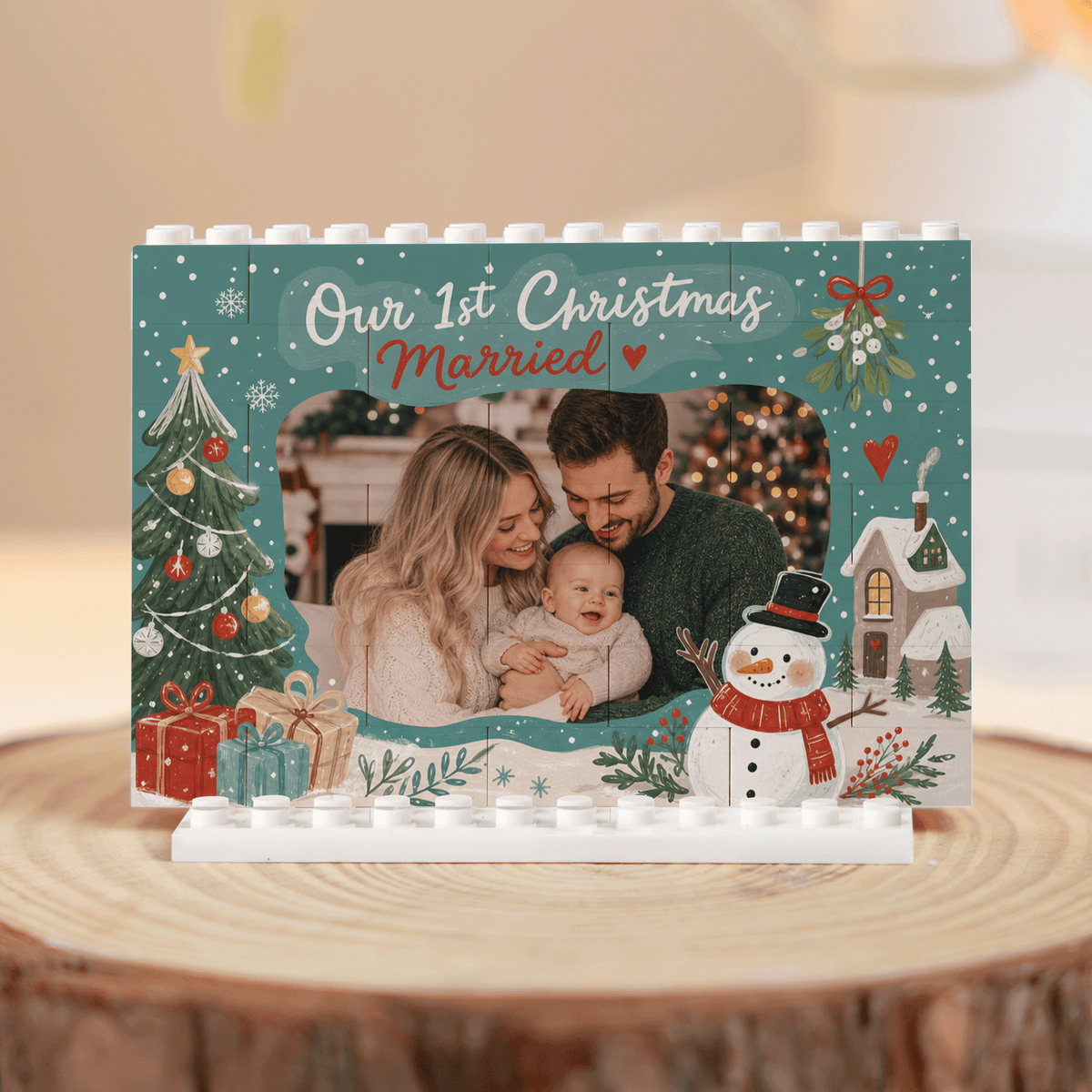 Personalized Photo Christmas Building Block in Deep Teal, Custom Couple Picture "Our 1st Christmas Married" Brick Puzzle Keepsake Decor, Festive Holiday Desk Gift
