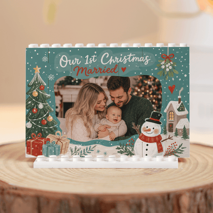 Personalized Photo Christmas Building Block in Deep Teal, Custom Couple Picture "Our 1st Christmas Married" Brick Puzzle Keepsake Decor, Festive Holiday Desk Gift