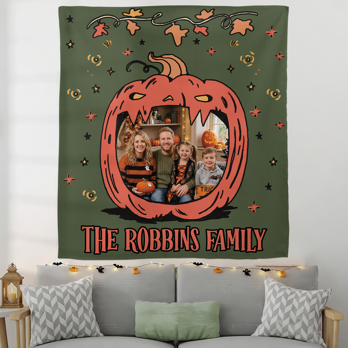 Personalized Halloween Pumpkin Face Photo Tapestry, Custom Family Photo Name Wall Hanging Decor, Spooky Jack-o'-Lantern Party Backdrop