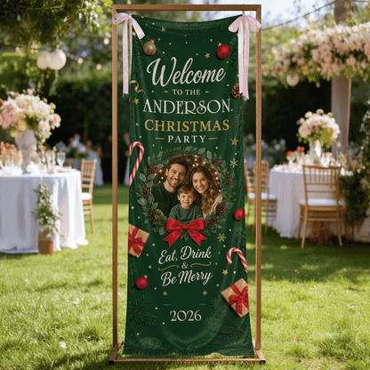 Custom Photo Emerald Green Christmas Party Family Fabric Welcome Banner, Personalized Family Name Entrance Hanging Sign with Ribbon Ties, Elegant Dark Green Xmas Backdrop Decor