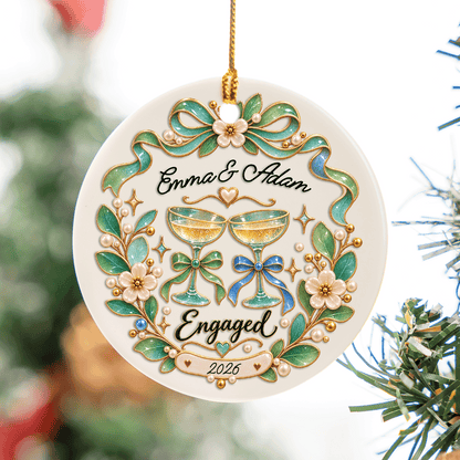 Personalized Engaged Champagne Glasses Ceramic Round Ornament, Custom Name Year Xmas Tree Hanging Decor Keepsake, Romantic Engagement Holiday Gift