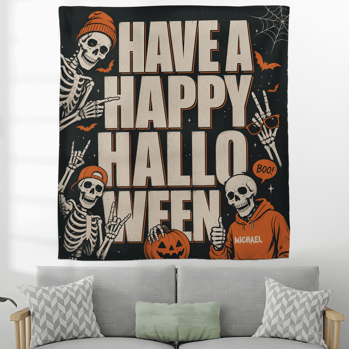 Personalized Have A Happy Halloween Cool Skeleton Tapestry Wall Hanging Custom Name Seasonal Backdrop