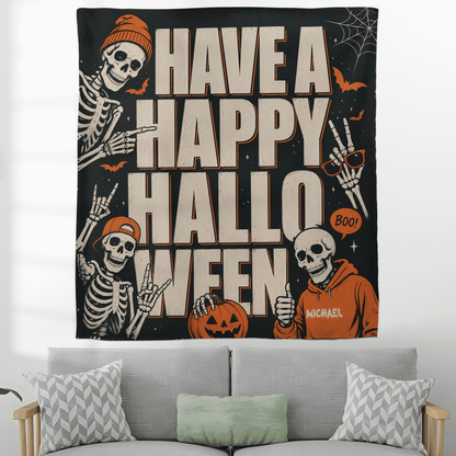 Personalized Have A Happy Halloween Cool Skeleton Tapestry Wall Hanging Custom Name Seasonal Backdrop