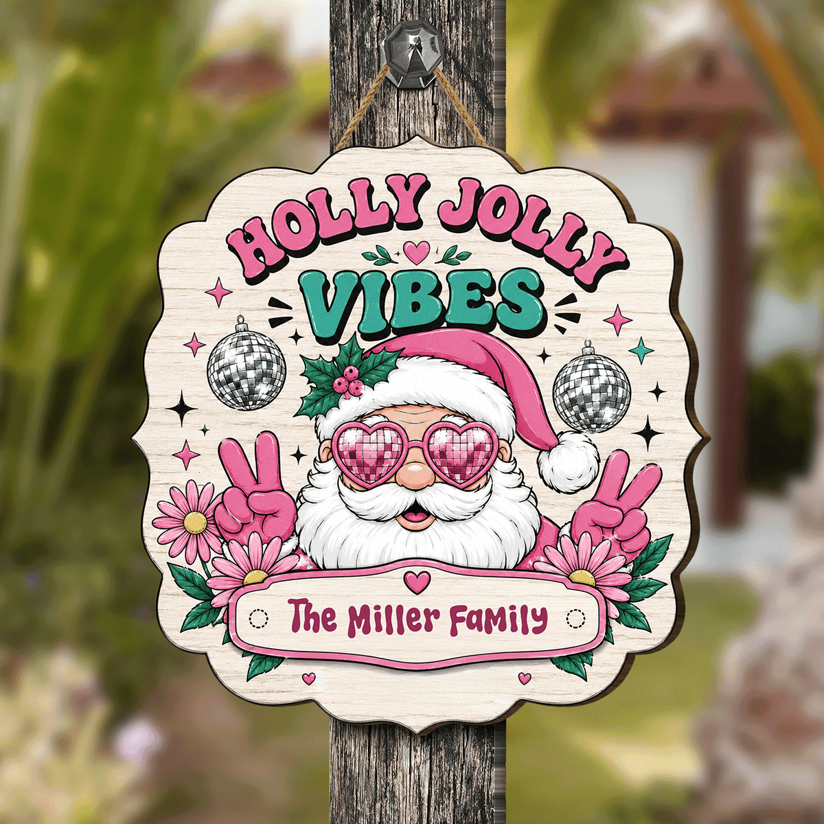 Personalized Holly Jolly Vibes Retro Santa Custom Shape Wood Sign, Custom Family Name Pink Santa Disco Ball Wooden Hanging Plaque, Groovy Christmas Door & Wall Decor Family Gift