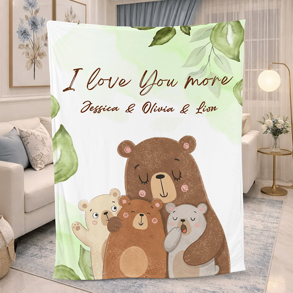 Personalized Mama Bear Sherpa Blanket with Grandchildren Names – Custom Floral Fleece Gift for Mom