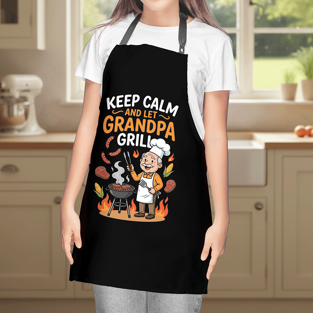 Keep Calm and Let Grandpa Grill Apron – Funny BBQ Grilling Apron Gift for Grandpa