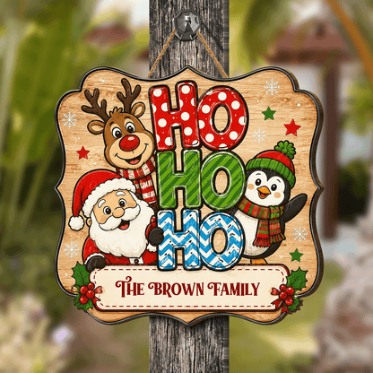 Personalized Santa Reindeer Penguin HO HO HO Custom Shape Wood Sign, Custom Family Name Christmas Hanging Wooden Plaque, Cute Holiday Door & Wall Decor Family Gift