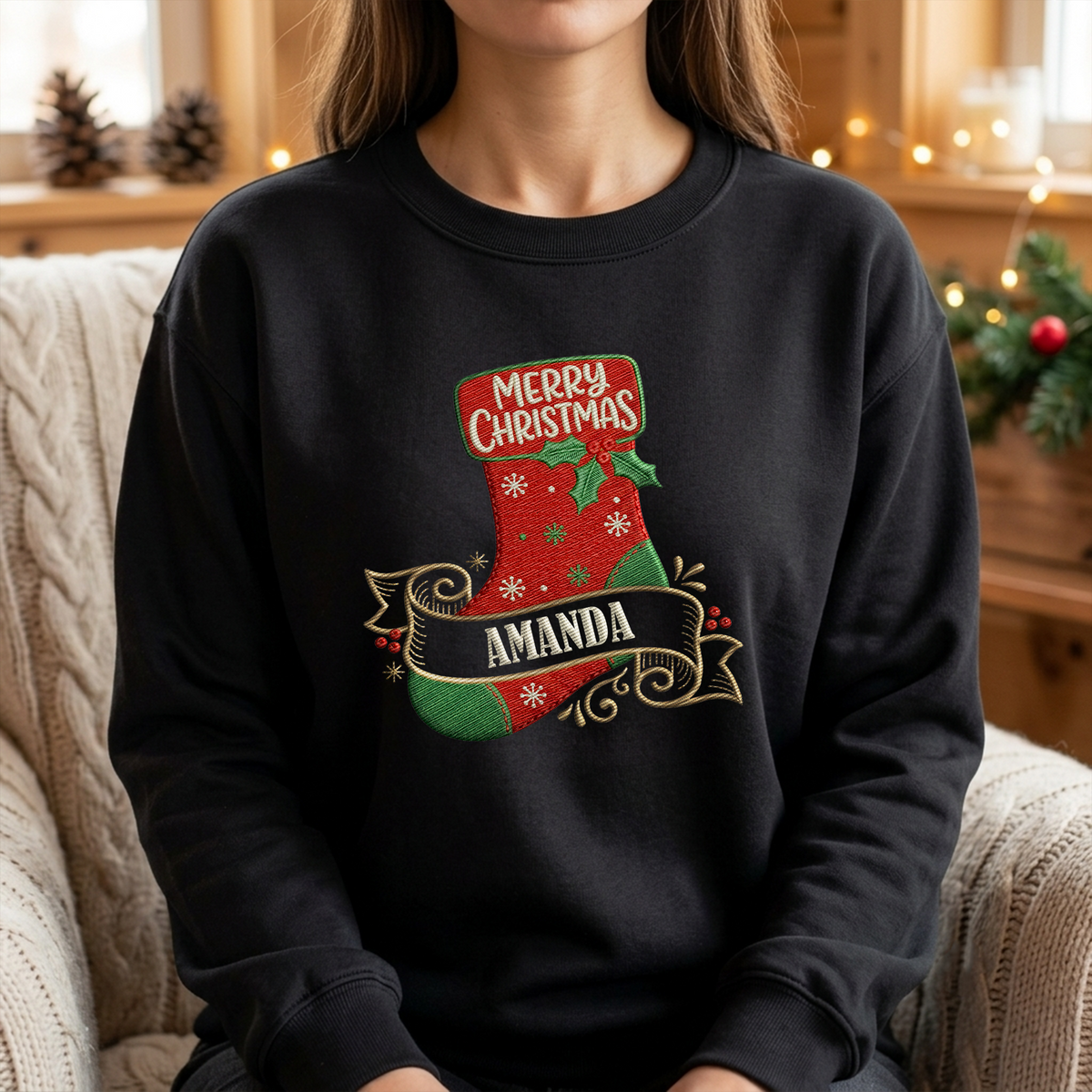 Personalized Merry Christmas Stocking Embroidered Sweatshirt