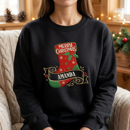 Personalized Merry Christmas Stocking Embroidered Sweatshirt