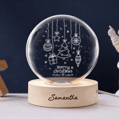 Custom Merry Christmas Ornaments Tree 3D Laser Engraved Crystal Ball with LED Wooden Standee, Personalized Name Holiday Glowing Tabletop Night Light Keepsake