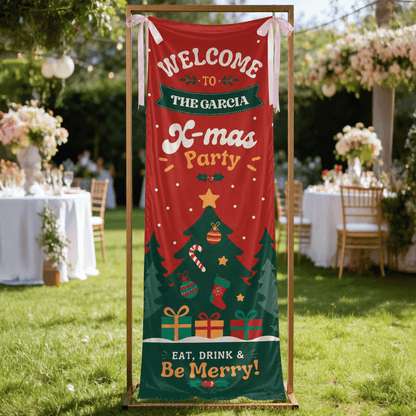 Retro Groovy Red Christmas Tree Family Fabric Welcome Banner, Personalized Family Name Xmas Party Entrance Hanging Sign with Ribbon Ties, Classic Festive Holiday Decor