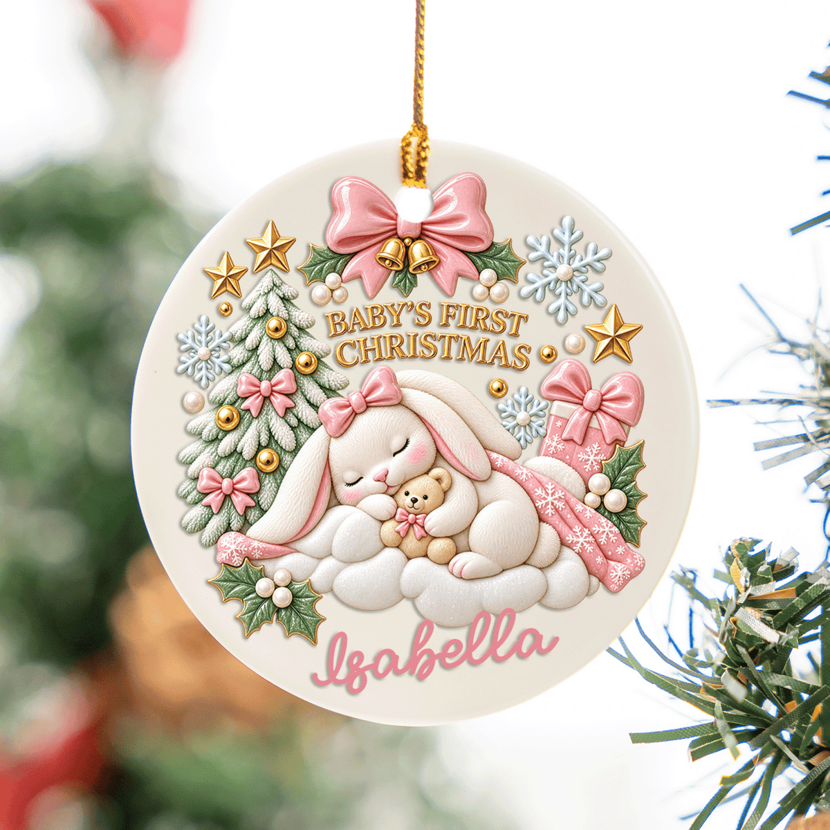 Personalized Sleeping Bunny Baby's First Christmas Ceramic Round Ornament, Custom Name Milestone Xmas Tree Hanging Decor Keepsake, Newborn Baby Holiday Gift