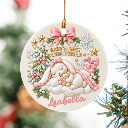 Personalized Sleeping Bunny Baby's First Christmas Ceramic Round Ornament, Custom Name Milestone Xmas Tree Hanging Decor Keepsake, Newborn Baby Holiday Gift
