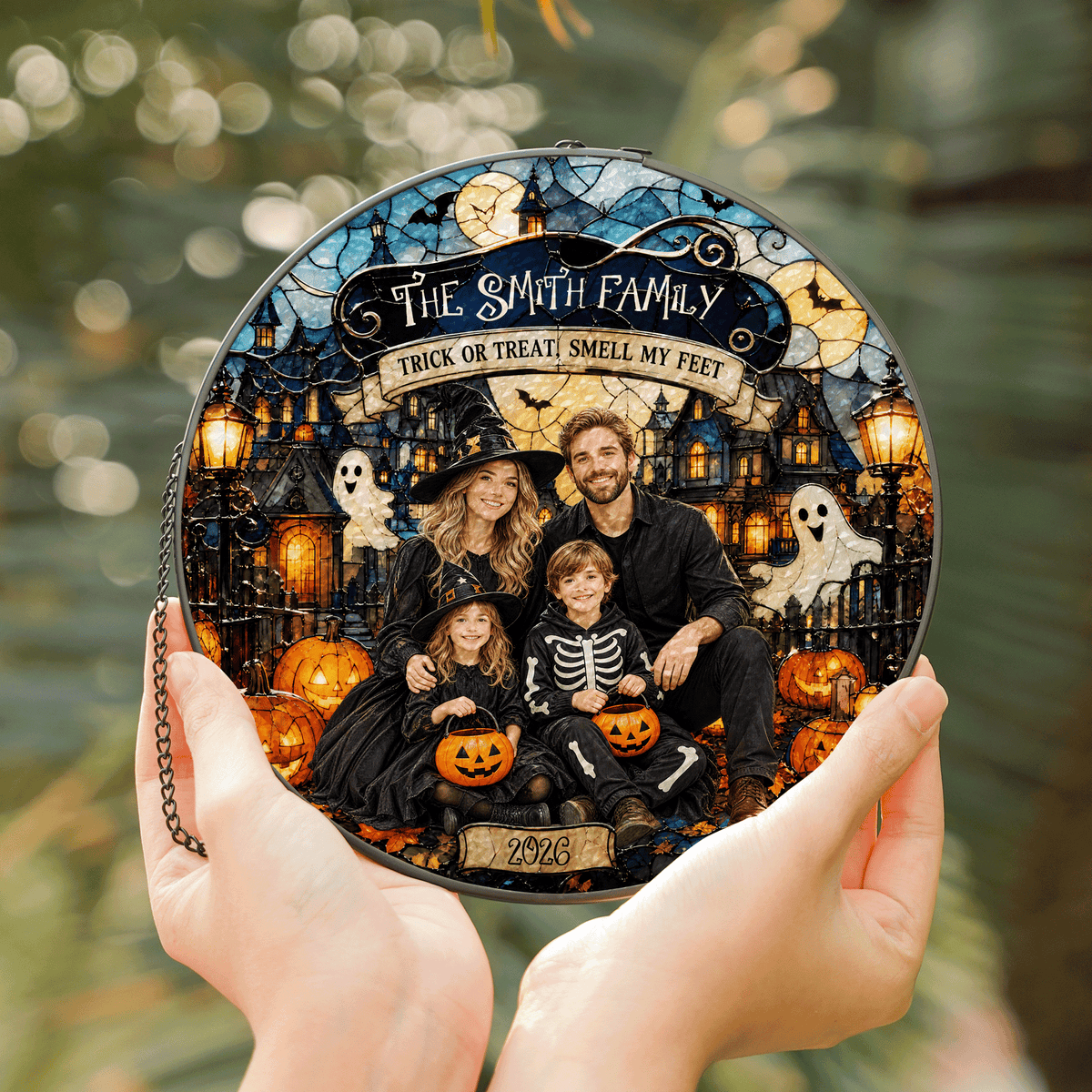 Personalized Halloween Family Custom Photo Trick Or Treat Haunted House Stained Glass Suncatcher Window Hanging Custom Name Home Wall Decor