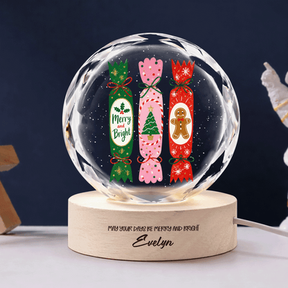 Custom Christmas Crackers Gingerbread Man 3D Laser Engraved Crystal Ball with LED Wooden Standee, Personalized Name Holiday Night Light Keepsake