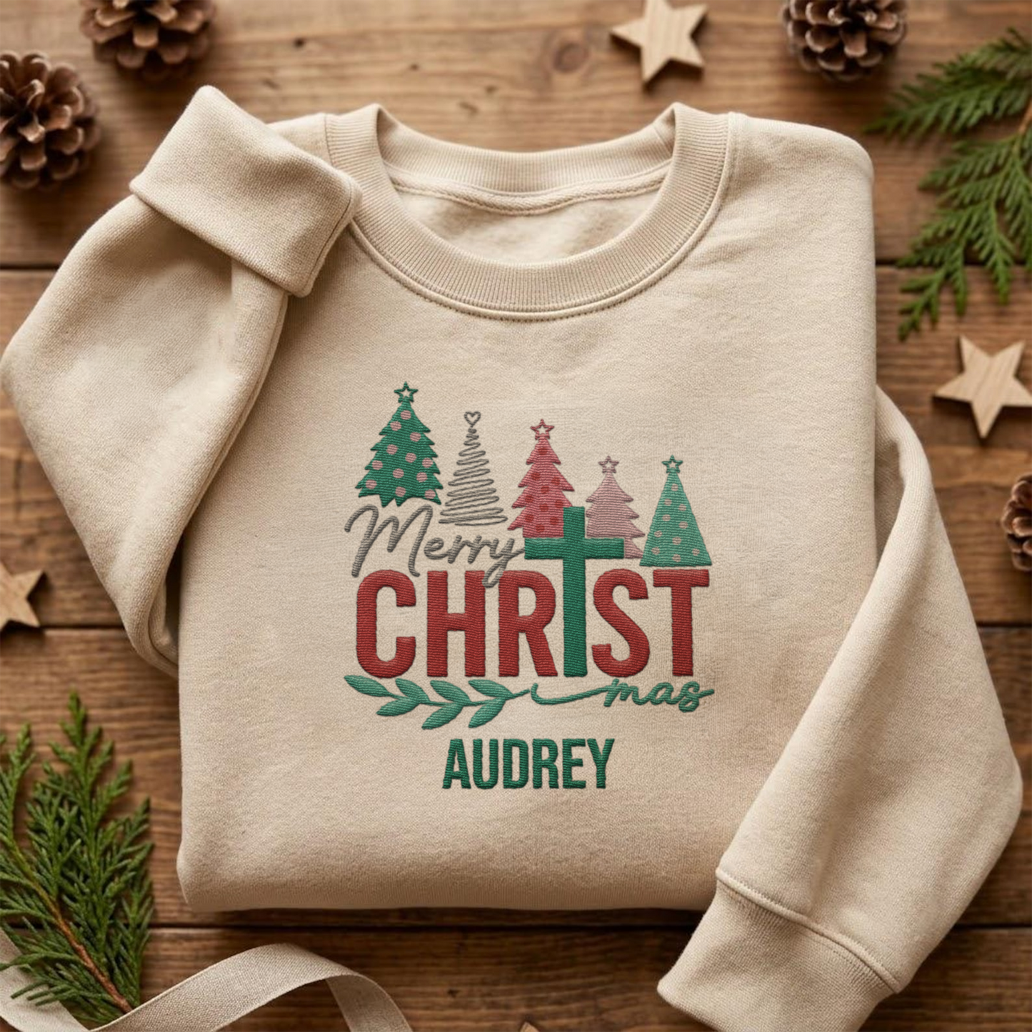 Merry Christmas Embroidered Sweatshirt, Christmas Tree Holiday Pullover