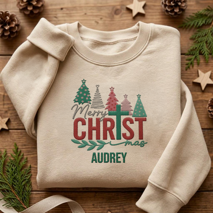 Merry Christmas Embroidered Sweatshirt, Christmas Tree Holiday Pullover