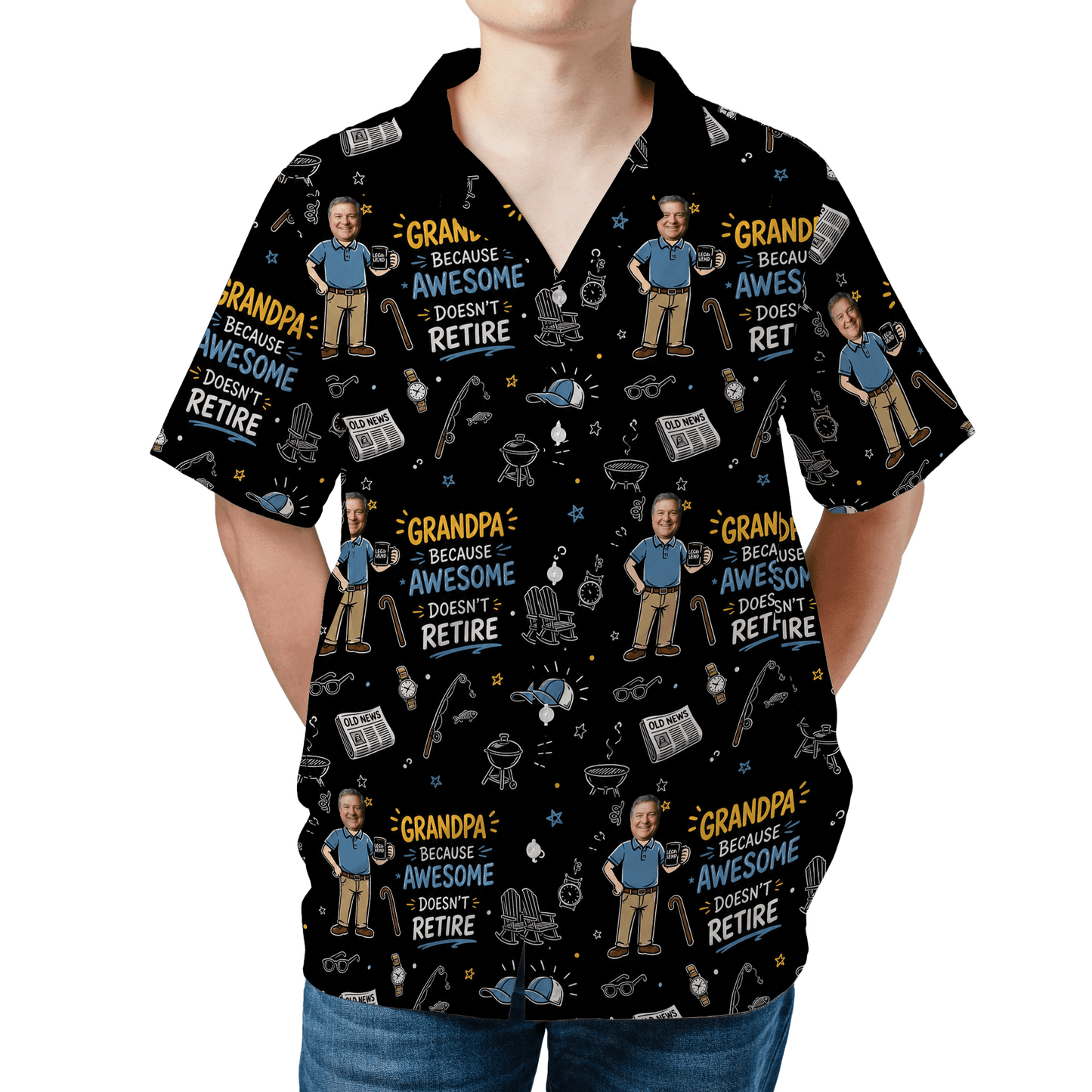 Grandpa Because Awesome Doesn't Retire Custom Photo Hawaiian Shirt – Personalized Father's Day Gift for Grandpa