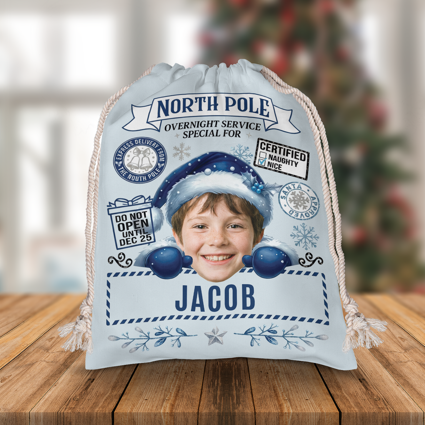 Personalized Overnight Service Special for Christmas Sack, Custom Name Santa Gift Bag