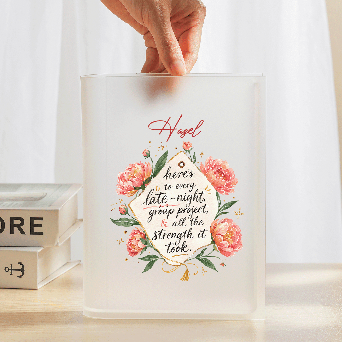 Personalized Here's to Every Late Night Acrylic Book Vase, Custom Name Graduation Flower Vase