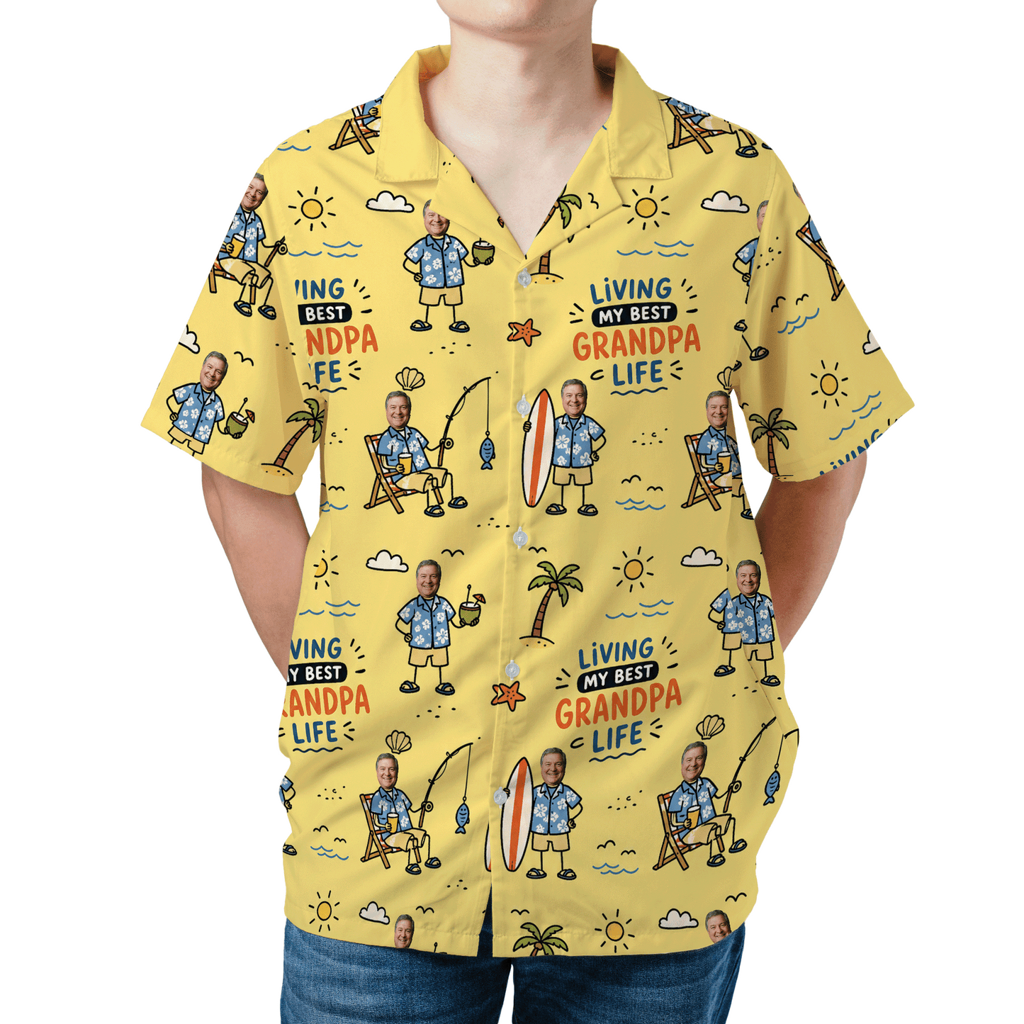 Living My Best Grandpa Life Custom Photo Hawaiian Shirt – Personalized Father's Day Gift for Grandpa | Tropical Fishing Vacation Shirt