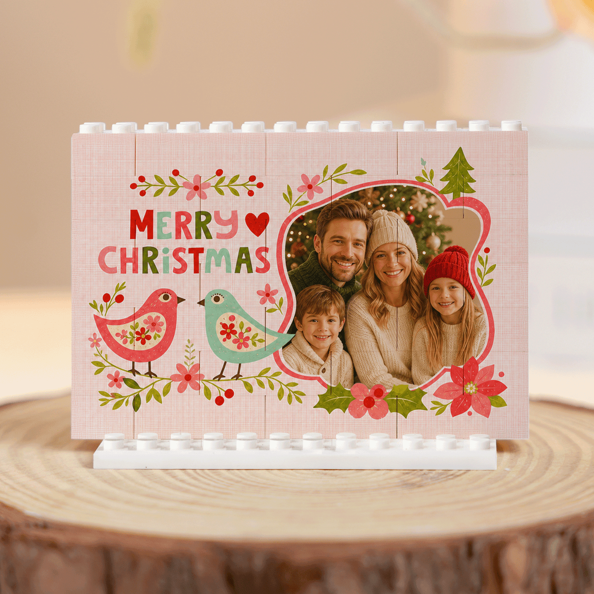 Personalized Photo Christmas Building Block in Pastel Pink, Custom Family Picture Folk Art Birds & Poinsettia Brick Puzzle Keepsake Decor, Festive Holiday Desk Gift