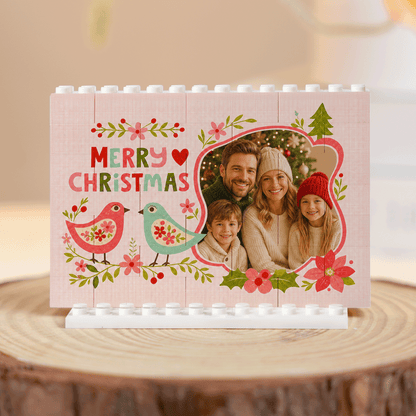 Personalized Photo Christmas Building Block in Pastel Pink, Custom Family Picture Folk Art Birds & Poinsettia Brick Puzzle Keepsake Decor, Festive Holiday Desk Gift