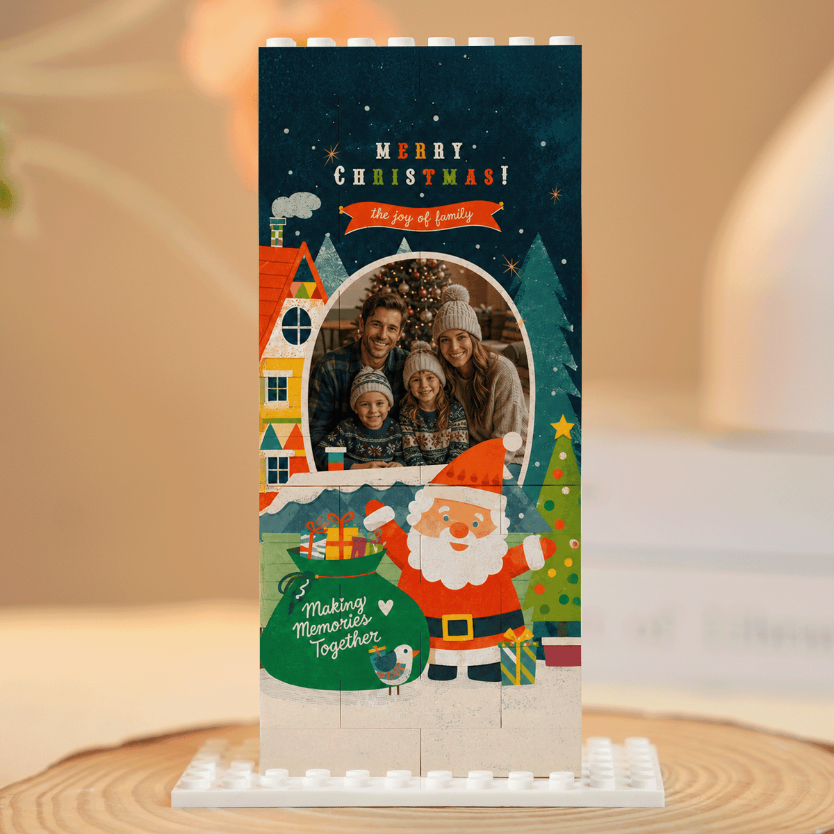 Personalized Photo Christmas Building Block in Deep Teal, Custom Family Picture Santa Claus & Snowy Village Brick Puzzle Keepsake Decor, Festive Holiday Desk Gift