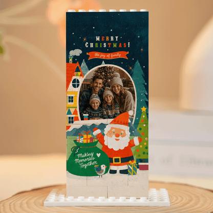 Personalized Photo Christmas Building Block in Deep Teal, Custom Family Picture Santa Claus & Snowy Village Brick Puzzle Keepsake Decor, Festive Holiday Desk Gift