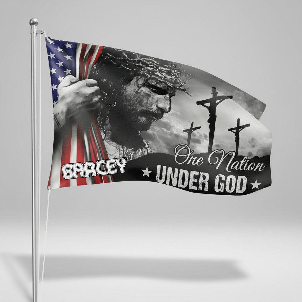 One Nation Under God With Family Name - Personalized Banner House Flag