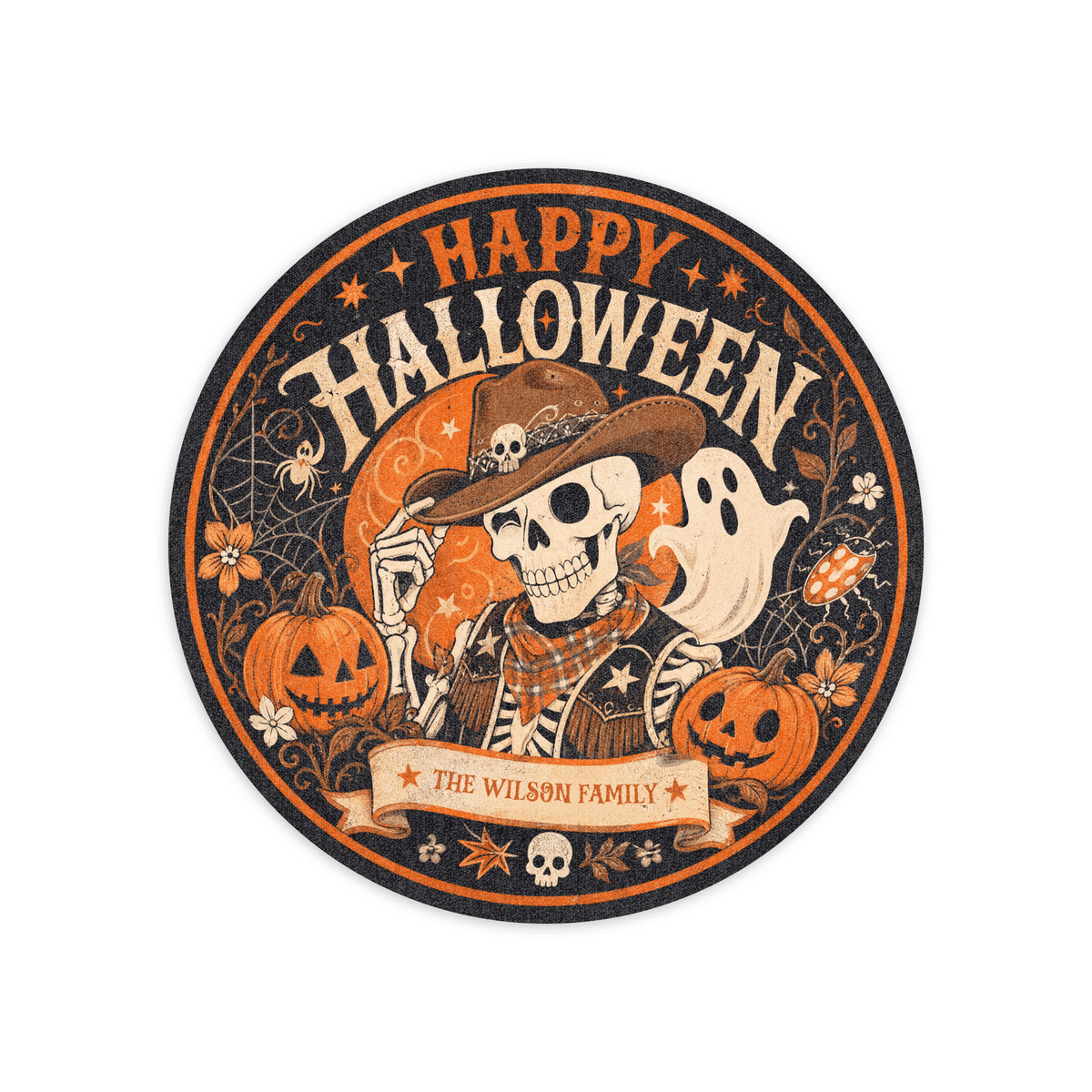 Personalized Happy Halloween Cowboy Skeleton Ghost Round Rug Custom Family Name Home Decor Floor Mat