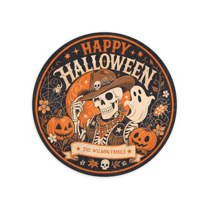 Personalized Happy Halloween Cowboy Skeleton Ghost Round Rug Custom Family Name Home Decor Floor Mat