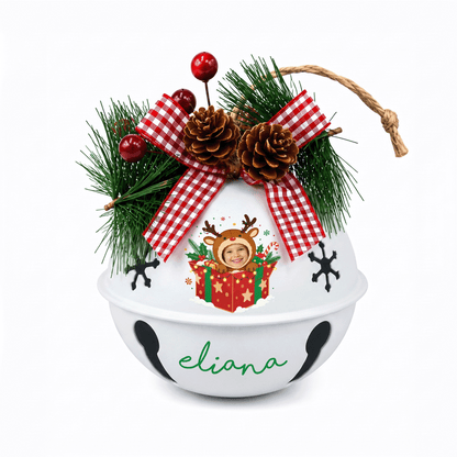 Personalized Custom Photo Reindeer Gift Box White Jingle Bell Ornament, Custom Name Kid Photo Holiday Keepsake Tree Decor, Rustic Metal Bell with Bow & Pinecone Accents