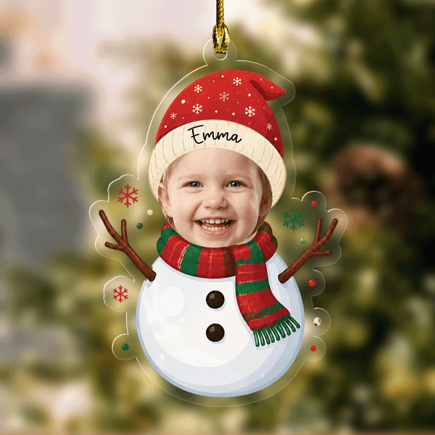 Personalized Cute Snowman Acrylic Christmas Ornament, Custom Photo Holiday Gift
