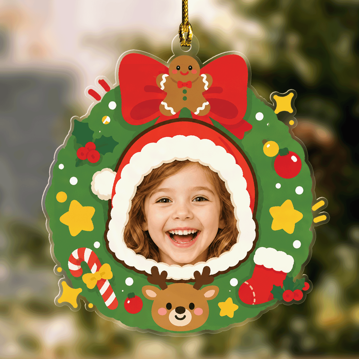 Christmas wreath acrylic ornament with a child's face in a Santa hat, gingerbread bow and reindeer at the bottom