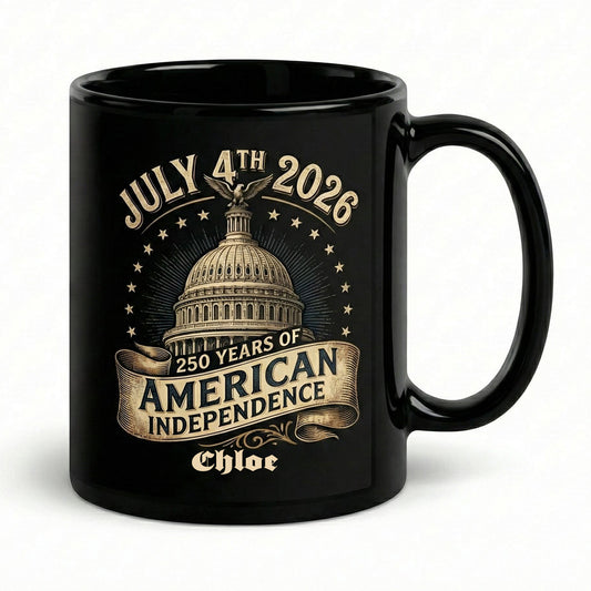 July 4th 2026 America 250 Personalized Black Mug – Custom Name 250 Years of American Independence Mug