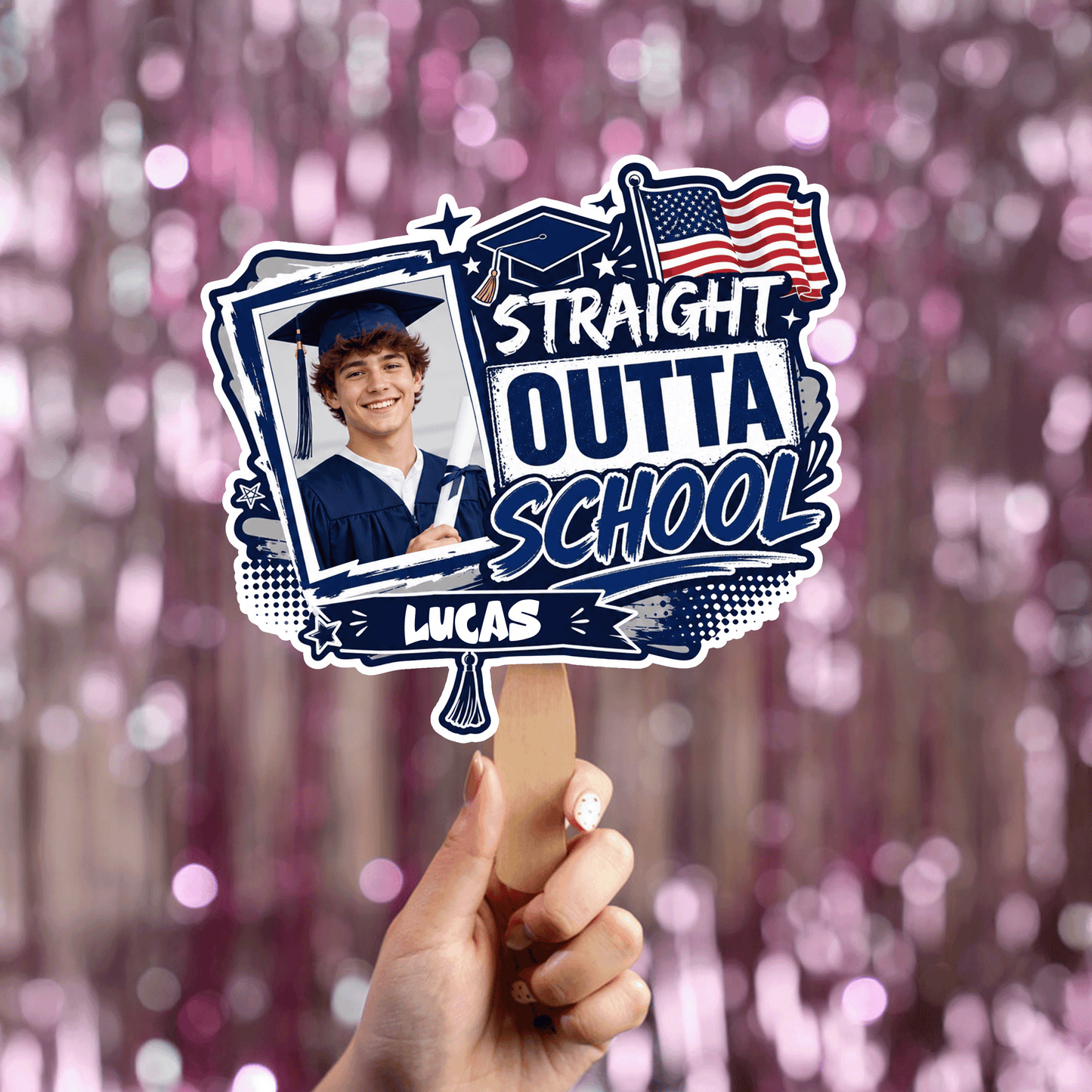 Straight Outta School Custom Shape Photo Hand Fan with Photo, Name Graduation Party Fan
