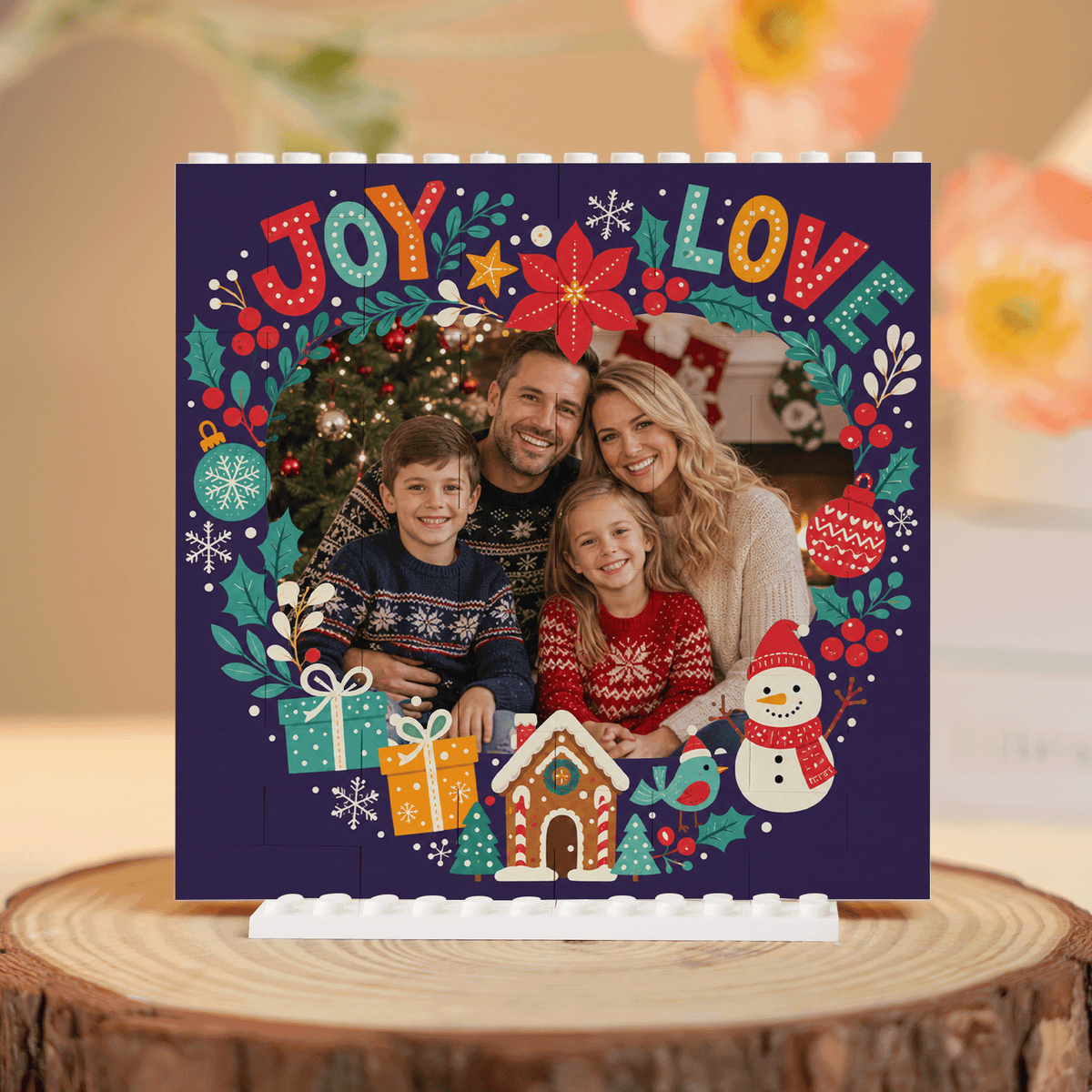 Personalized Photo Christmas Building Block in Navy Blue, Custom Family Picture Poinsettia Wreath "Joy & Love" Brick Puzzle Keepsake Decor, Festive Holiday Desk Gift