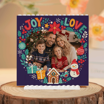 Personalized Photo Christmas Building Block in Navy Blue, Custom Family Picture Poinsettia Wreath "Joy & Love" Brick Puzzle Keepsake Decor, Festive Holiday Desk Gift
