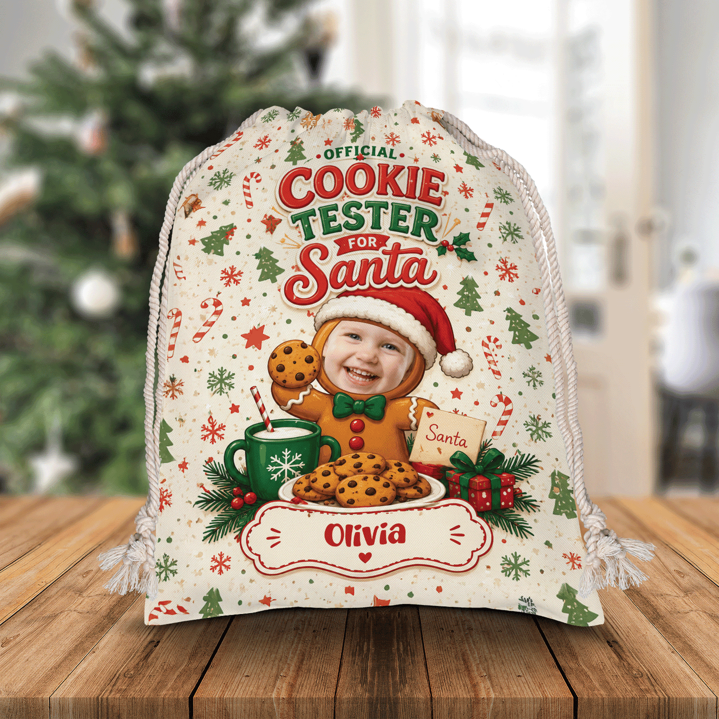Personalized Official Cookie Taster for Santa Christmas Sack, Custom Name Santa Gift Bag