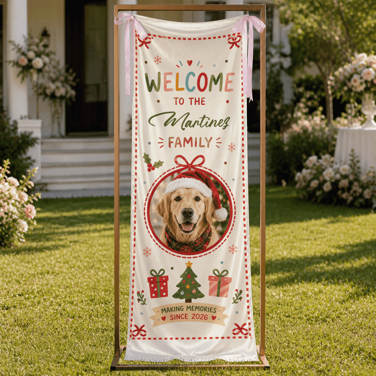 Custom Photo Dog Christmas Family Fabric Welcome Banner, Personalized Pet Photo Holiday Entrance Hanging Sign with Ribbon Ties, Cute Dog Santa Hat Christmas Decor
