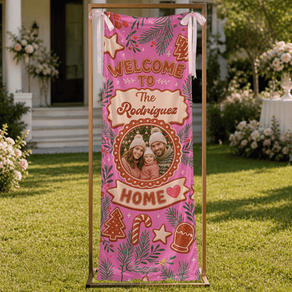 Custom Photo Pink Gingerbread Christmas Family Fabric Welcome Banner, Personalized Family Name Holiday Entrance Hanging Sign with Ribbon Ties, Pink Gingerbread House Cookie Party Decor