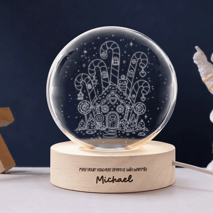 Custom Gingerbread House Candy Land 3D Laser Engraved Crystal Ball with LED Wooden Standee, Personalized Name Holiday Night Light Keepsake