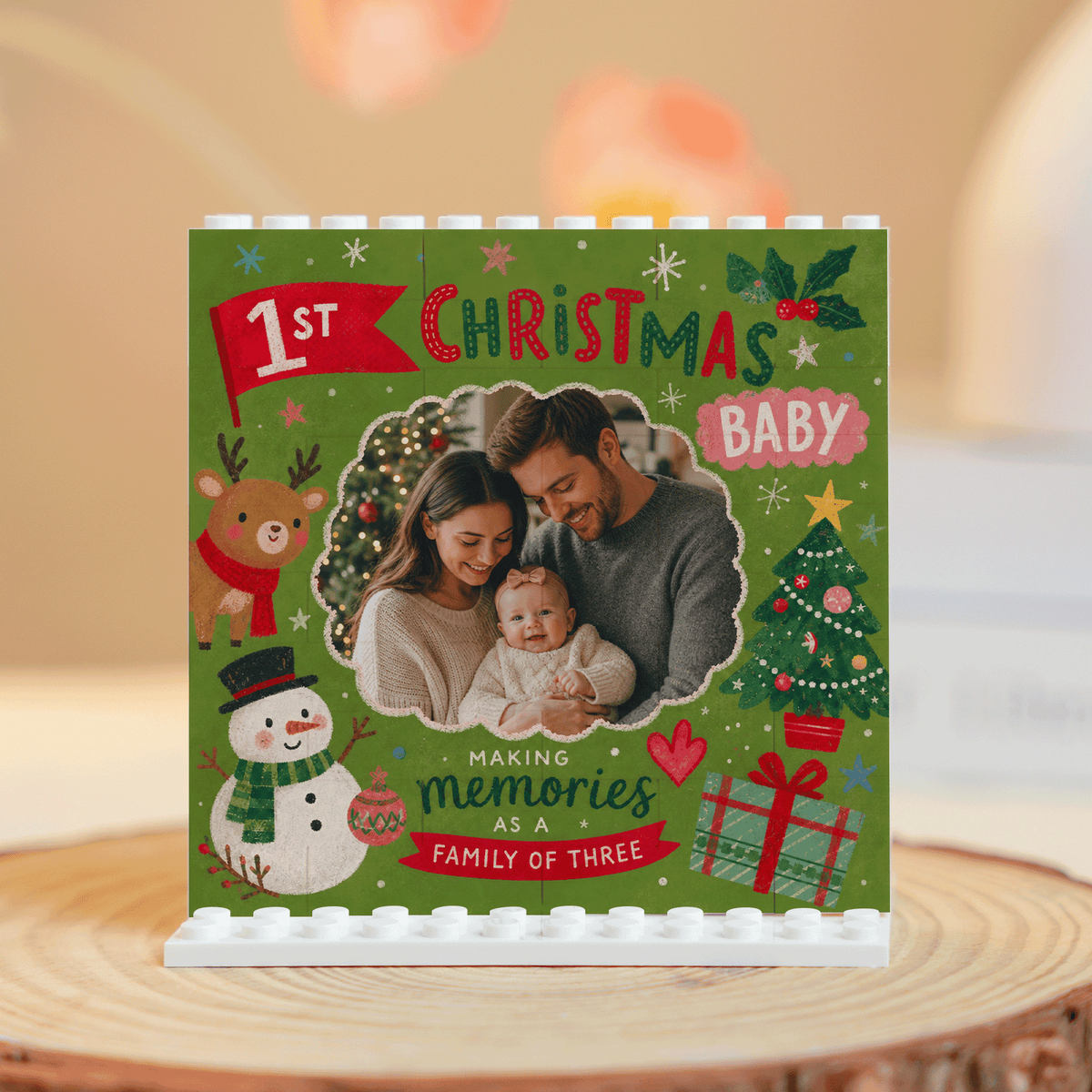 Personalized Photo Christmas Building Block in Forest Green, Custom Baby First Christmas Photo Cute Reindeer Snowman & Family of Three Brick Puzzle Keepsake Decor, Holiday Gift for New Parents