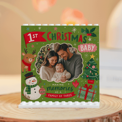Personalized Photo Christmas Building Block in Forest Green, Custom Baby First Christmas Photo Cute Reindeer Snowman & Family of Three Brick Puzzle Keepsake Decor, Holiday Gift for New Parents