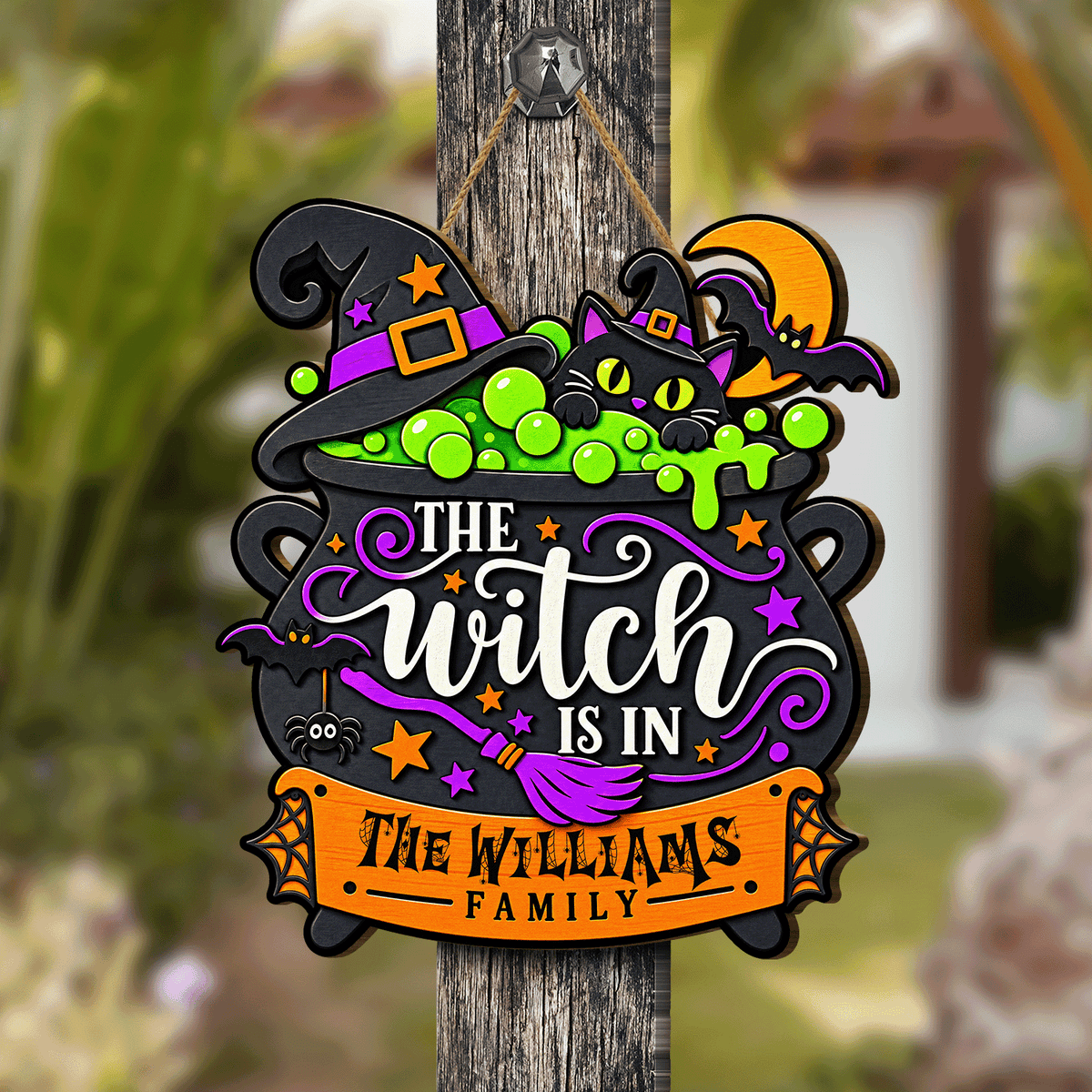 Personalized Halloween Witch Cauldron Black Cat The Witch Is In Custom Shape Wood Sign Spooky Family Name Door Hanger Home Wall Decor