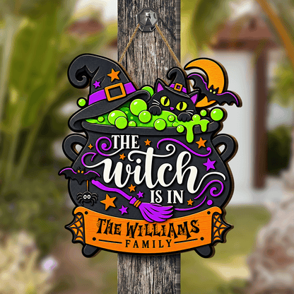 Personalized Halloween Witch Cauldron Black Cat The Witch Is In Custom Shape Wood Sign Spooky Family Name Door Hanger Home Wall Decor